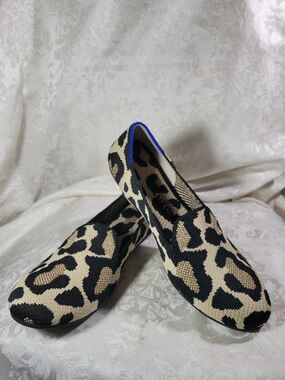 Rothy's Leopard-Print Slip-On Flats in Beige, Black and Blue Trim